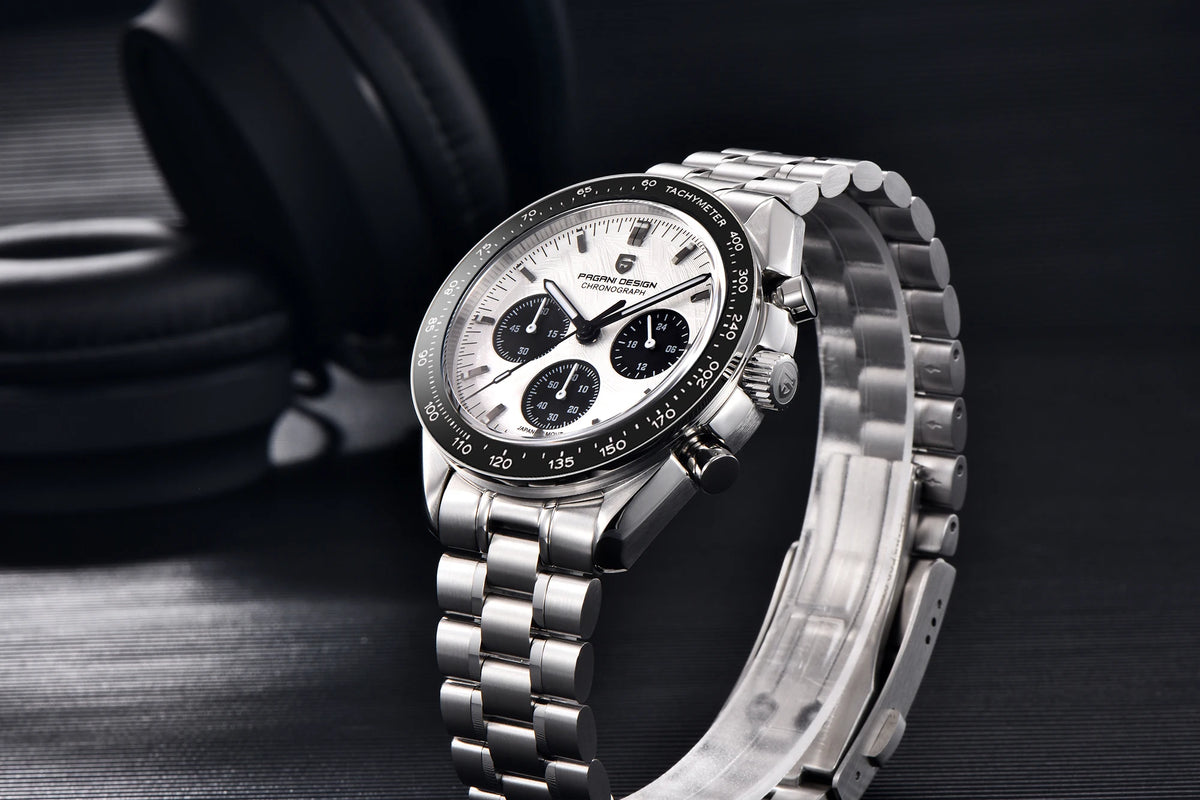 Zegarek męski PAGANI DESIGN „New Moon” – luksusowy zegarek kwarcowy, chronograf, szkło szafirowe z powłoką antyrefleksyjną, ceramiczna ramka, świecące wskazówki