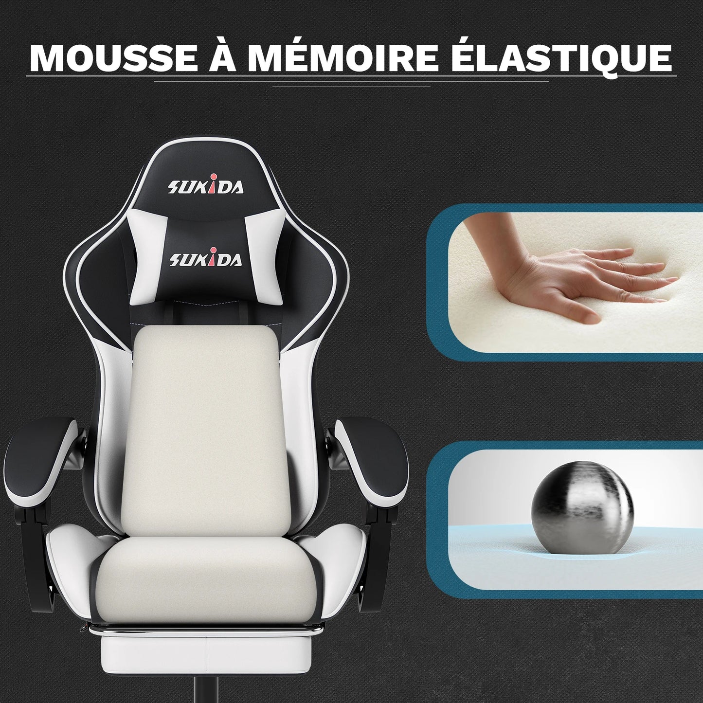 SUKIDA Ergonomic Gaming Chair with Footrest, Lumbar Support Computer Chair, Comfortable Office Chair with Adjustable Reclining Backrest