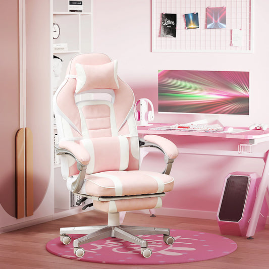 Pink Gaming Chair with Footrest, Adjustable High Back Gaming Chair with Headrest & Lumbar Pillow, 360° Swivel Ergonomic Faux Leather Gaming Chair for Office & Gaming