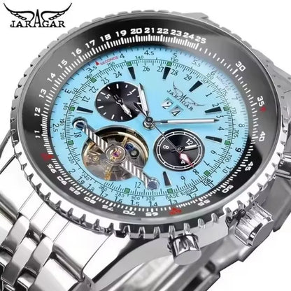 JARAGAR 034, lyxig retro-armbandsur med automatisk mekanisk urverk, tourbillon, skelettur, rostfritt stål, veckokalender, herrklocka