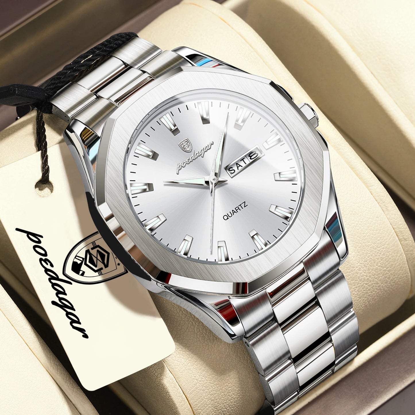 POEDAGAR Luxury Men Wristwatch Waterproof Luminous Week Date Casual Man Clock Stainless Steel Quartz Fashion Men's Watches Reloj