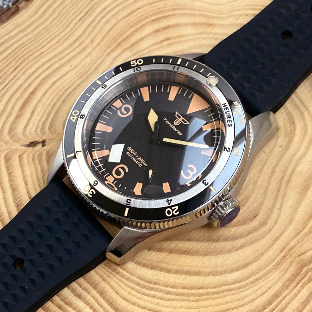 Tandorio NH35A PT5000 Mechanical Mens Watch 20BAR Waterproof Sapphire Luminous Red Black Dial Stainless Steel Bracelet New Clock