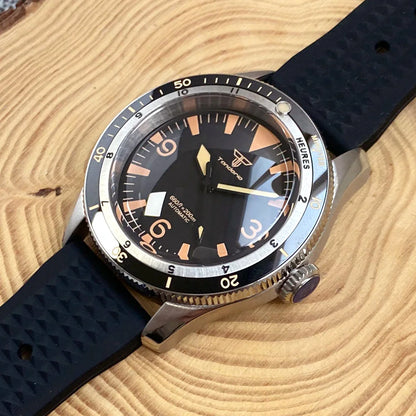 Tandorio NH35A PT5000 Mechanical Mens Watch 20BAR Waterproof Sapphire Luminous Red Black Dial Stainless Steel Bracelet New Clock