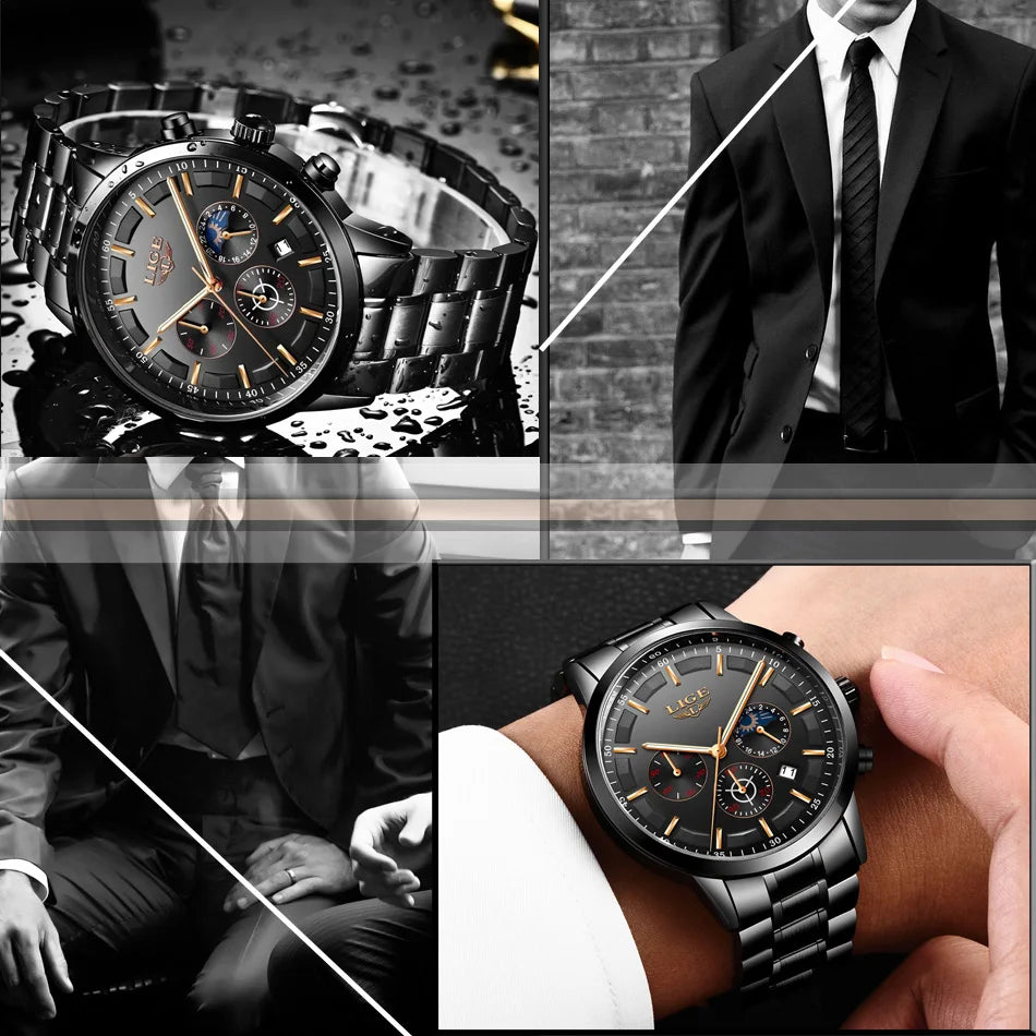 LIGE Men’s Watch – Luxury quartz chronograph, water-resistant (3 bar), with luminescent hands – Gift idea (box included)