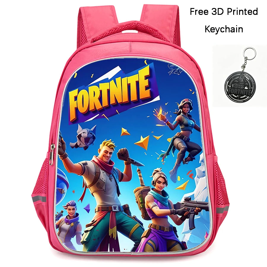 FORTNITE 16-inch Durable Lightweight Backpack, Dual Zipper Pockets, Cartoon Style for Boys & Girls 6-10,Free 3D Printed Keychain