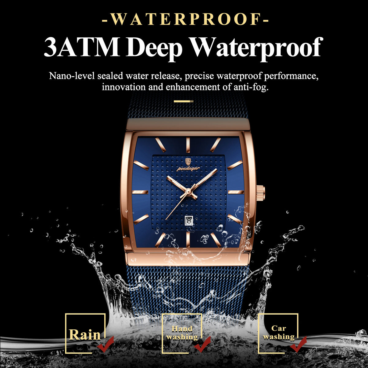 POEDAGAR Men’s Luxury Rectangle Quartz Watch Stainless Steel Mesh Strap, Luminous Dial & Date