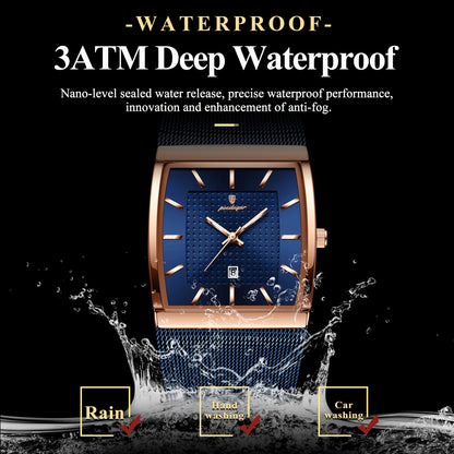POEDAGAR Men’s Luxury Rectangle Quartz Watch Stainless Steel Mesh Strap, Luminous Dial & Date