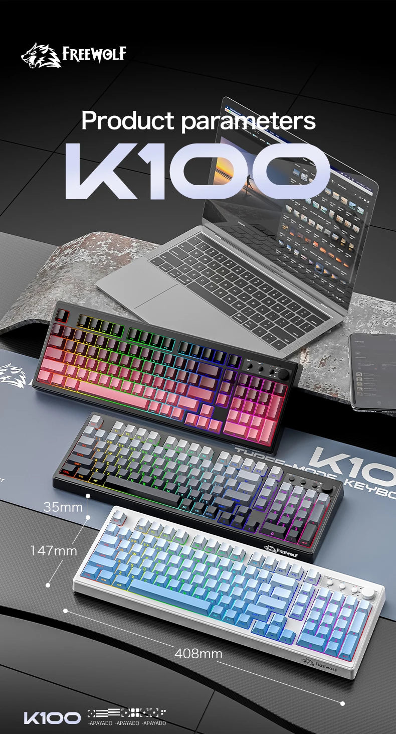 FREEWOLF K100 Wireless Keyboard Quiet with Media Knob|Side-print Backlit|4000mAh|26-Key Rollover Mechanical Feel Keyboard