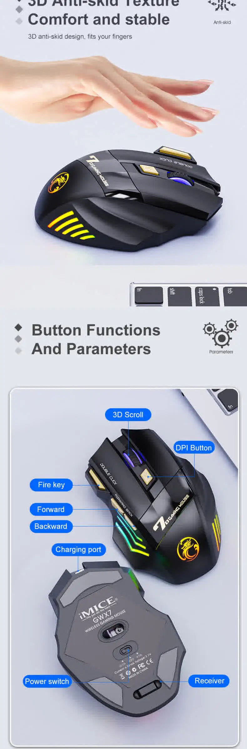 Brezžična miška Bluetooth, polnilna računalniška miška za gamerje, ergonomska gaming miška z RGB osvetlitvijo in tihim delovanjem za PC