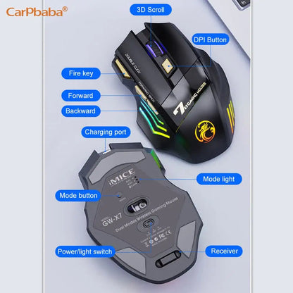 Brezžična miška Bluetooth, polnilna računalniška miška za gamerje, ergonomska gaming miška z RGB osvetlitvijo in tihim delovanjem za PC