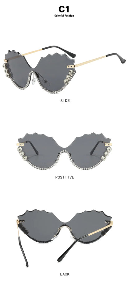 Fashion Luxury Brand Design Diamond Wave Rimless Women Sunglasses Hip Hop Eyewear Outdoor Glasses Unisex Shades Glasses UV400