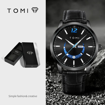 Ceas cu cuarț TOMI, stil business și elegant, cu brățară din piele, carcasă din aliaj și cadran cu ace – Design de înaltă calitate, idee de cadou pentru bărbați
