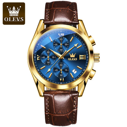 Reloj de pulsera cronógrafo para hombre OLEVS 2872 – Correa de piel, resistente al agua, agujas luminiscentes, movimiento de cuarzo, estilo deportivo de lujo