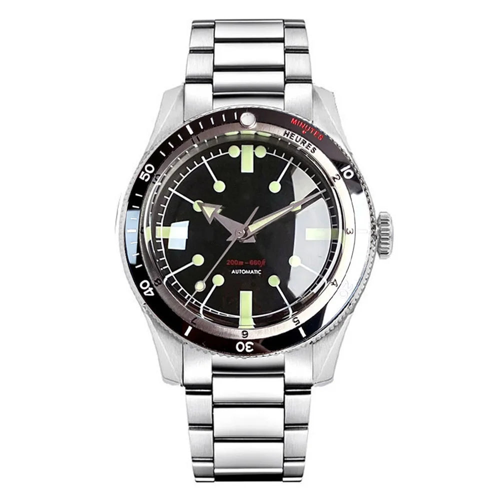 Tandorio NH35A PT5000 Mechanical Mens Watch 20BAR Waterproof Sapphire Luminous Red Black Dial Stainless Steel Bracelet New Clock