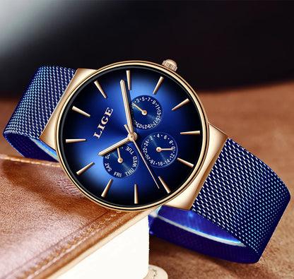 Relógio feminino LIGE, elegante e moderno – Estilo desportivo e descontraído, bracelete em malha, movimento de quartzo, indicação da data e do dia, resistente à água.