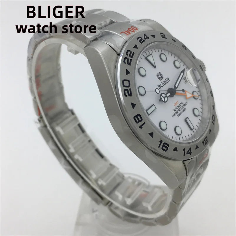 BLIGER 40mm/43mm Japan NH34 GMT Men's mechanical watch green luminous white dial sapphire glass stainless steel strap