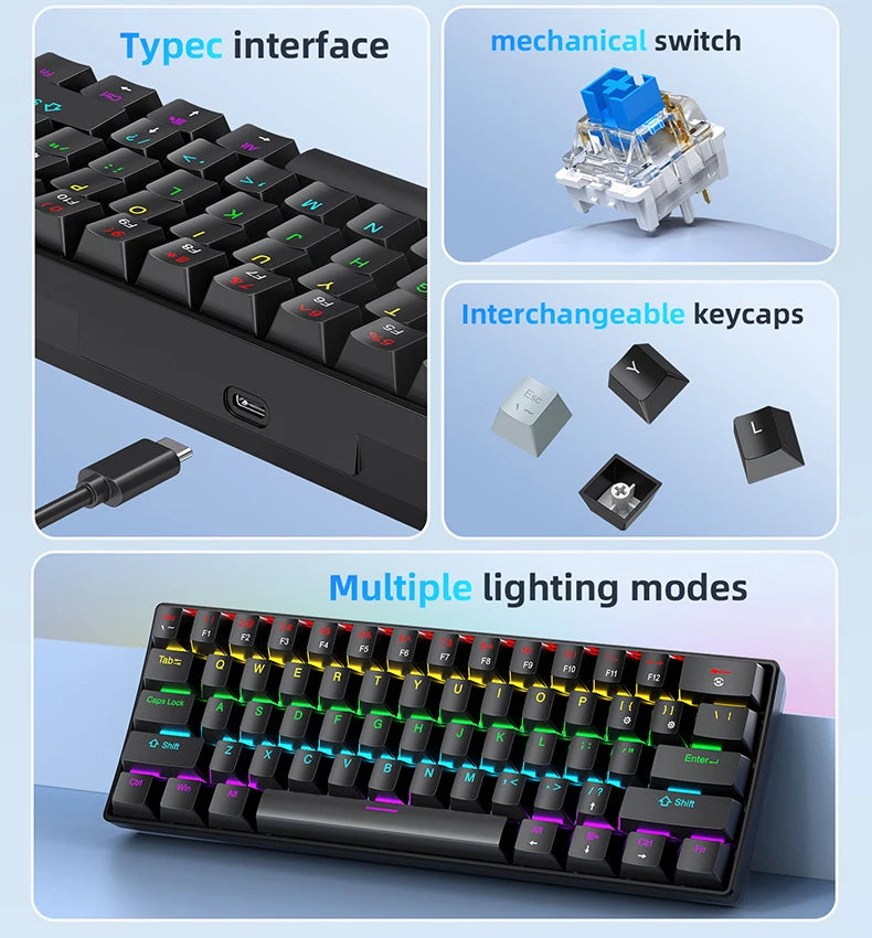 APAYADO K61 60% Mini Wired Gaming Mechanical Keyboard Phantom RGB, 61 Keys, Red/Blue Switch, Ergonomic, Portable for PC/Laptop