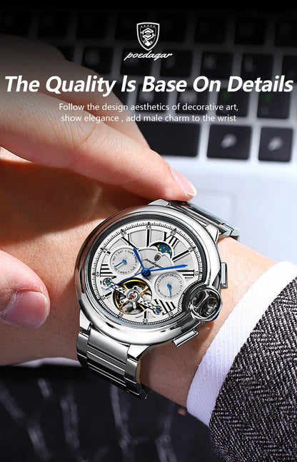 POEDAGAR Luxury Male Watch Tourbillon Date Week Stainless Steel Men Watch Waterproof Automatic Mechanical Military Men's Watches