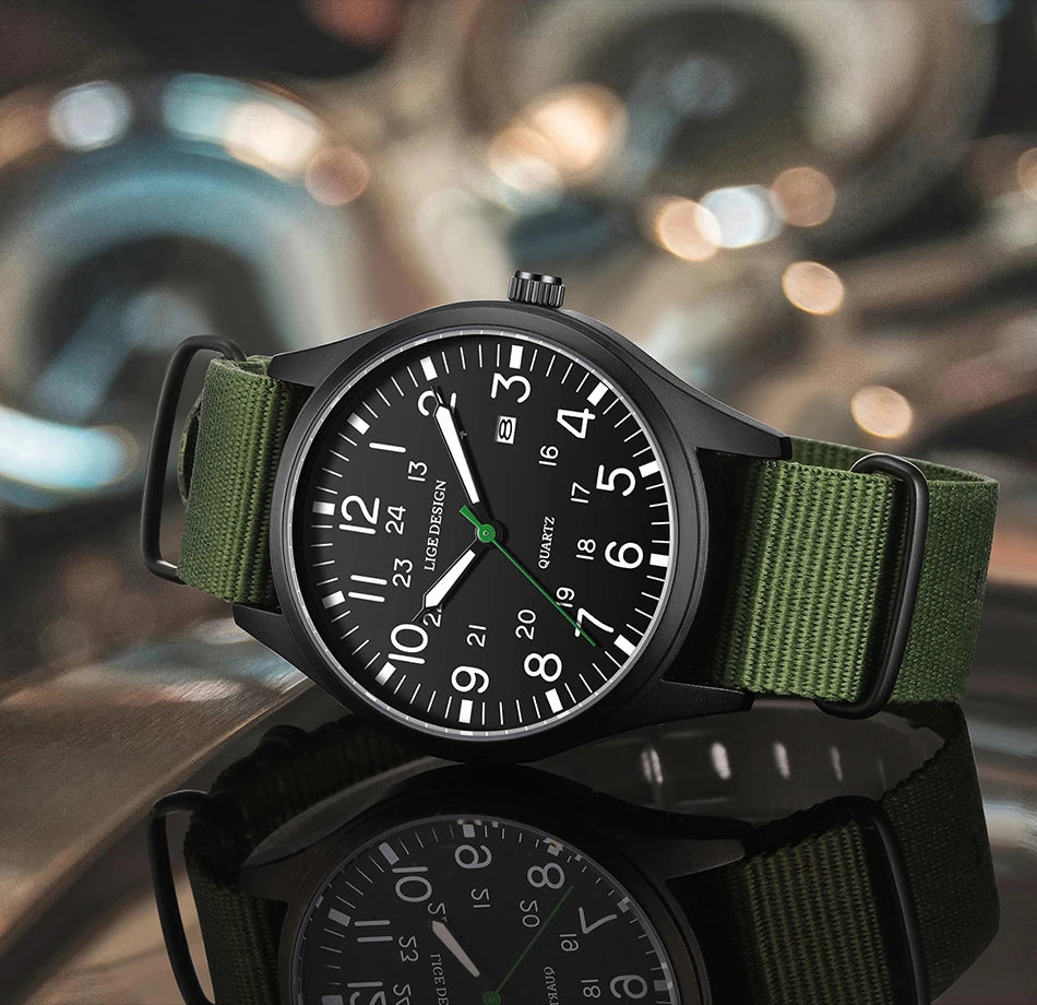 LIGE Lyxiga herrklockor med kvartsverk, datum, nylonarmband, läderarmband, vattentäta, självlysande, militär- och sportklockor för män relogios masculino