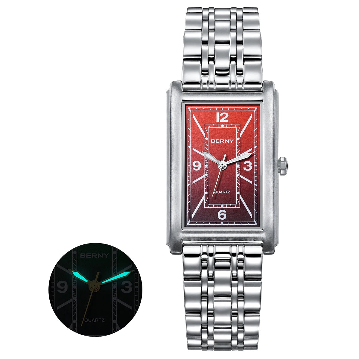 Montre carrée pour homme BERNY – Mouvement à quartz, cadran à chiffres romains, affichage luminescent, boîtier en acier inoxydable 316L – Montre rectangulaire élégante et décontractée