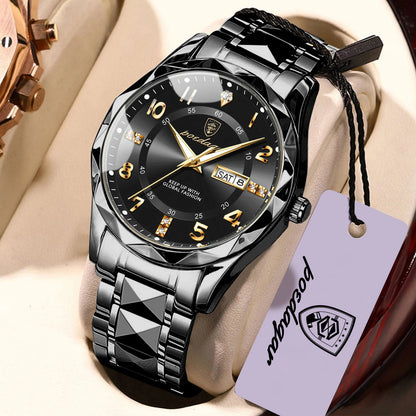 Męski zegarek POEDAGAR Fashion Luxury, wodoodporny, podświetlany, z mechanizmem kwarcowym, bransoletą ze stali nierdzewnej, datownikiem i wskaźnikiem dnia tygodnia, w stylu casualowym.