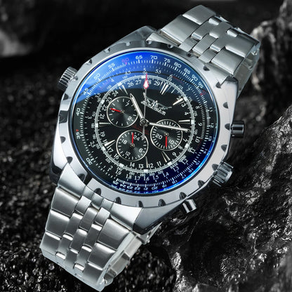 JARAGAR Men’s Luxury Automatic Mechanical Watch  Military Sport Design, Multifunction Dial & Leather Strap