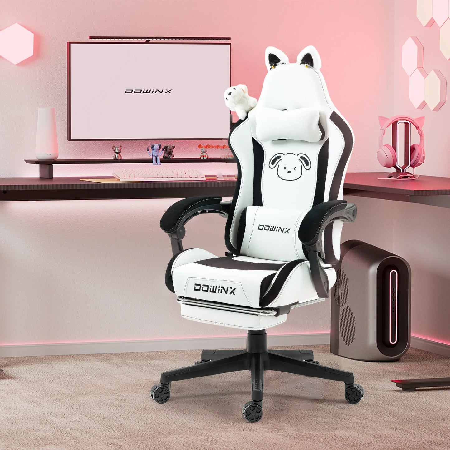 Silla gaming cute con orejas de gato, reposapiés rosa kawaii, silla de ordenador ergonómica de respaldo alto para gamers con soporte lumbar de pata de gato