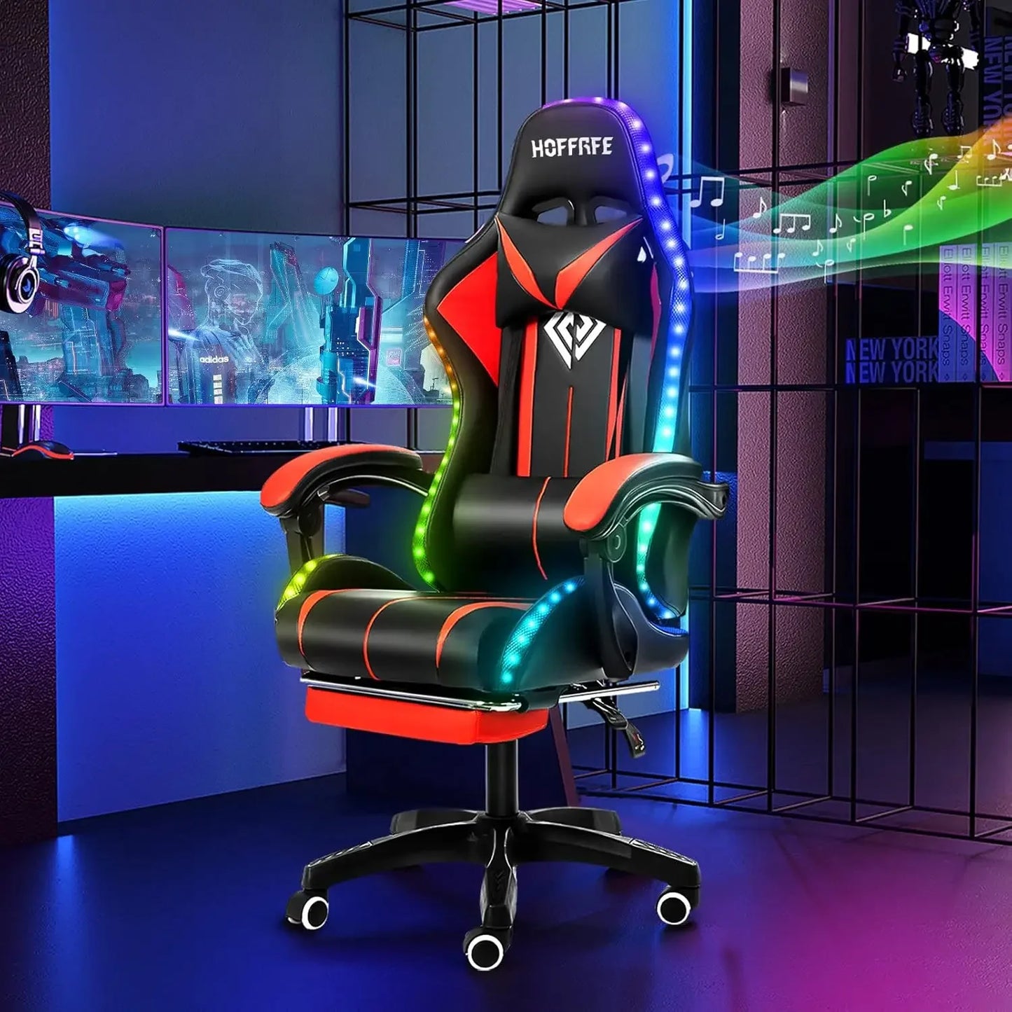 Fashion High Back Video Game Chair with Speakers Massage Computer Gaming Chair with LED Lights and Footrest