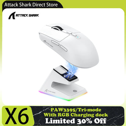 ATTACK SHARK X6 Tri-mode Gaming Mouse with Magnetic Charging Dock, PixArt PAW3395 Sensor, 26K DPI, 49g Ultralight, for PC/Mac