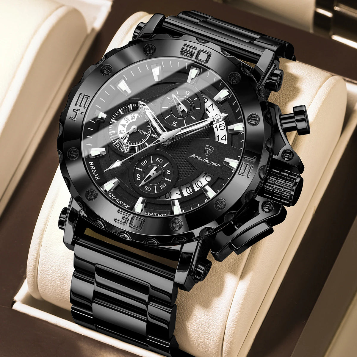 Relógio de luxo para homem POEDAGAR, luminoso, estanque, cronógrafo, data, aço inoxidável, quartzo, Reloj