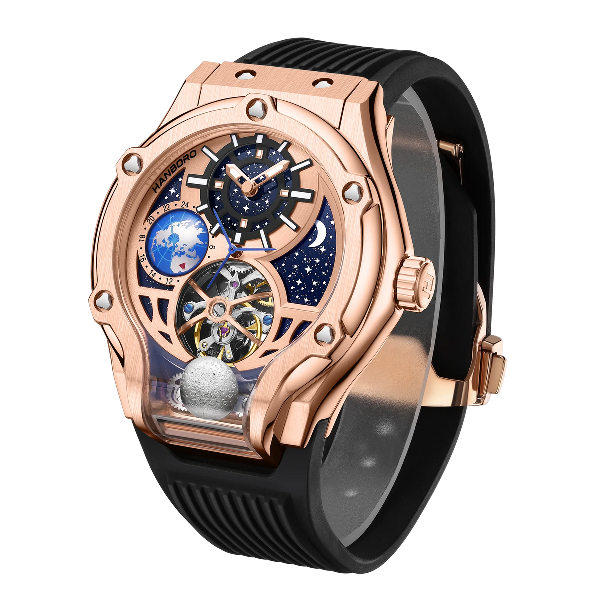 ase Autoy HANBORO Men’s Luxury Automatic Skeleton Watch  Rose Gold Starry Sky Moon Phase Mechanical WristwatchHollow Flywheel Moon Phxury Space Theme Sports Watch 980