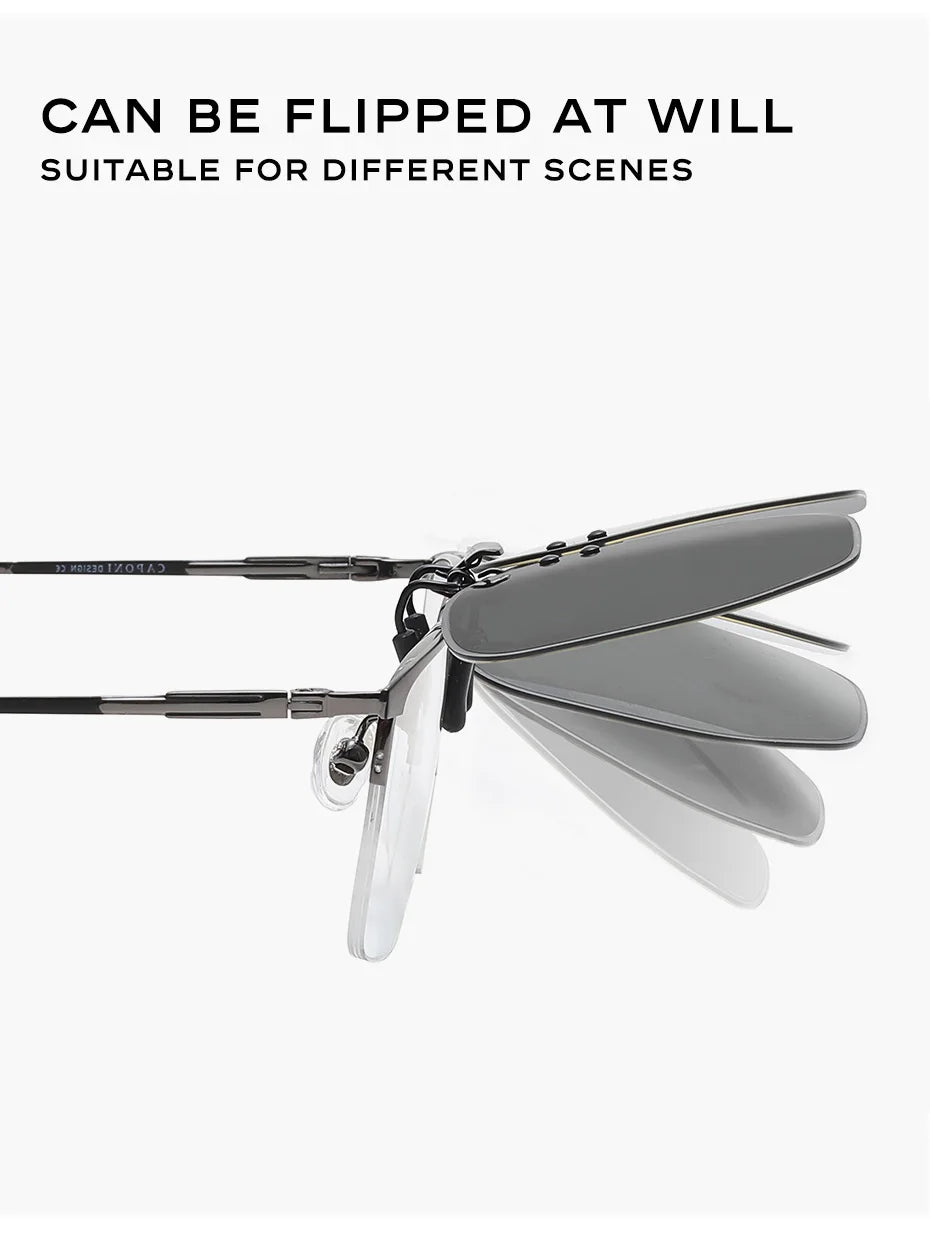 CAPONI New Sunglasses Clip For Men Square Polarized Photochromic Glasses Clip Flipped Up Protect Eyes Light Clip On Frame BS1103