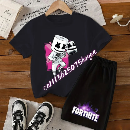 Fortnites Kids T Shirt Shorts Set Cartoon Figure Printed T Shirts Children Tops Summer Casual Sportswear Kids Boys Clothing