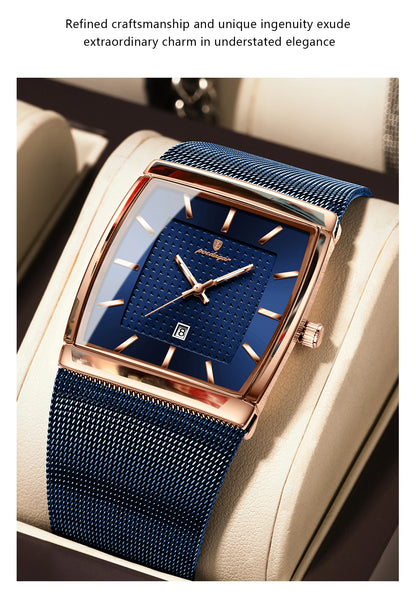 POEDAGAR Men’s Luxury Rectangle Quartz Watch Stainless Steel Mesh Strap, Luminous Dial & Date