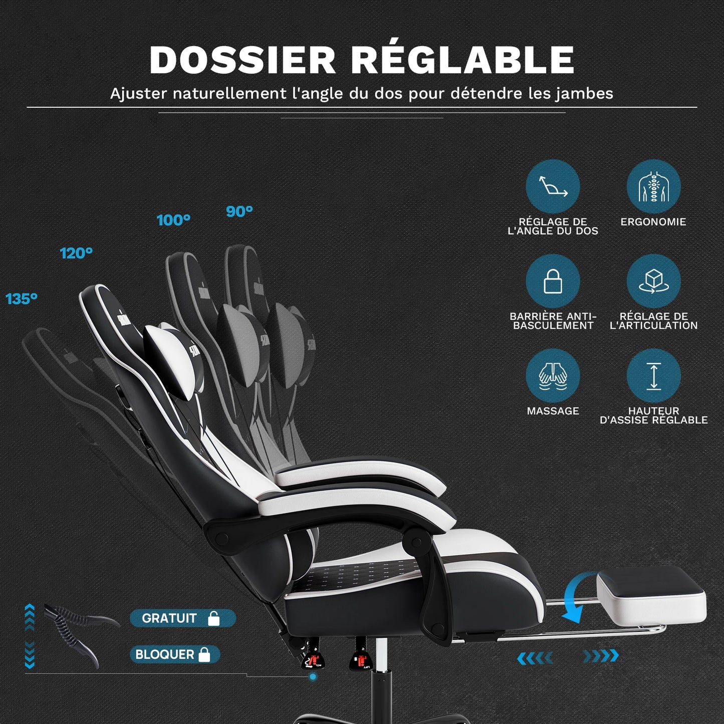 SUKIDA Ergonomic Gaming Chair with Footrest, Lumbar Support Computer Chair, Comfortable Office Chair with Adjustable Reclining Backrest