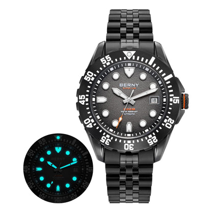 BERNY Men's Automatic Diver Watch Supper Luminous Sapphire AR Coated MIYOTA 8215 316LStainless Steel Single Crown Diving Watches