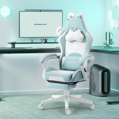 Silla gaming cute con orejas de gato, reposapiés rosa kawaii, silla de ordenador ergonómica de respaldo alto para gamers con soporte lumbar de pata de gato