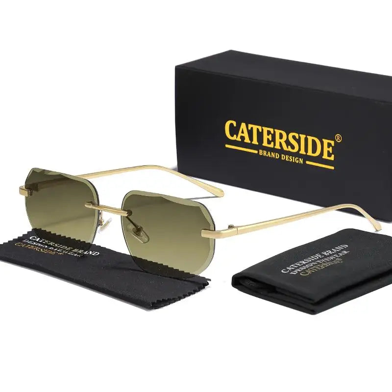CATERSIDE Fashion Frameless Men's Sunglasses with Design Sense Lenses Metal Temple Sunglasses Women's Party Travel Sunglasses