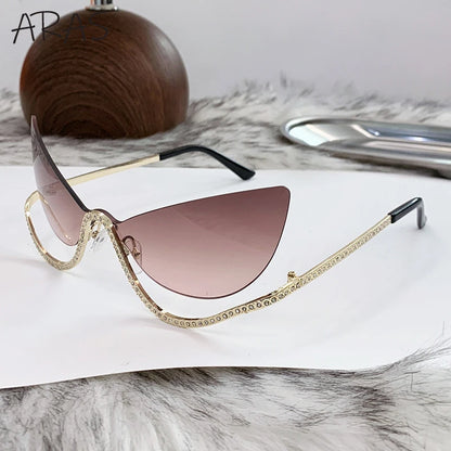 Sexy Cat Eye Rimless Sunglasses Women 2026 Luxury Brand Trendy Rhinestone Sun Glasses Punk Metal Frame Eyewear Outdoor Shades