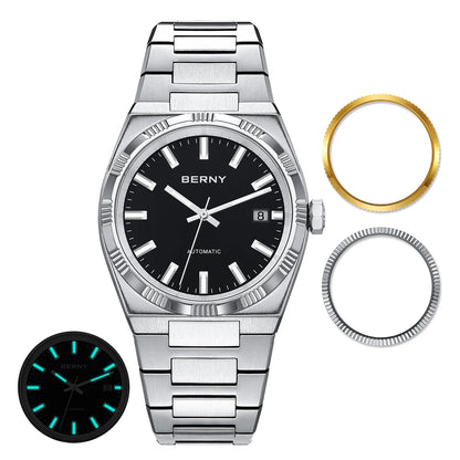 BERNY men’s automatic watch, gold-coloured, sapphire crystal, luminescent hands, 100% genuine, fitted with a PT5000 movement, anti-reflective coating, luxury model with interchangeable bezel, water-resistant to 5 ATM.