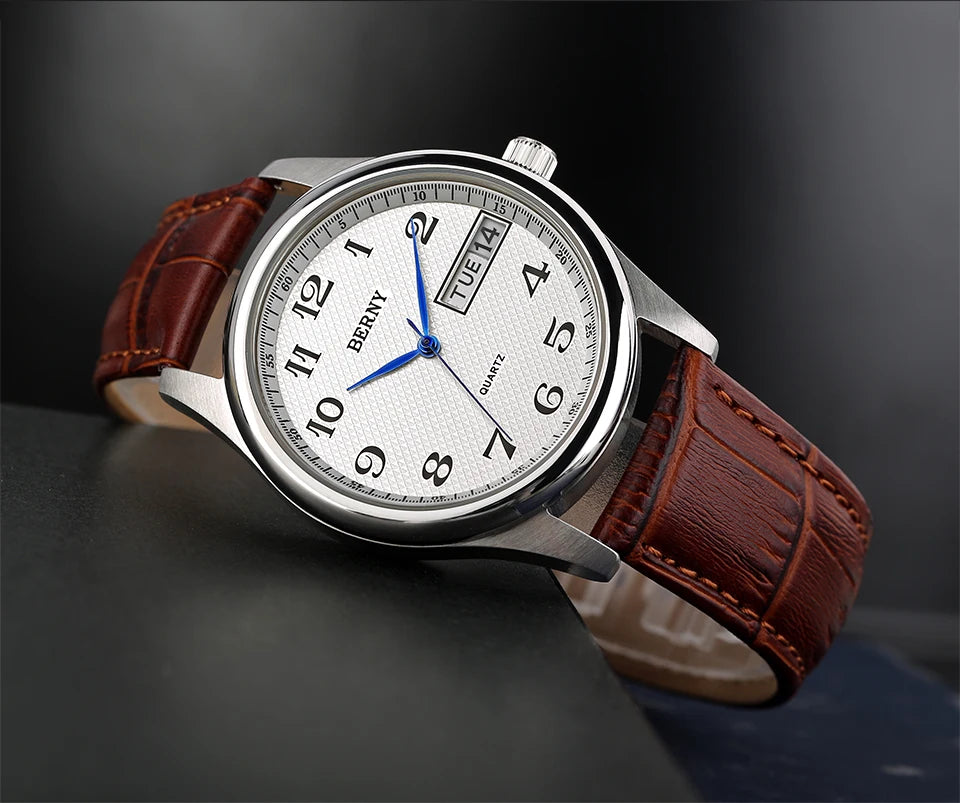 BERNY Men's Watch Quartz Day Top Calendar Wristwatch Waterproof Blued Steel Hands Arabic Numerals Easy Read Relogio Masculino