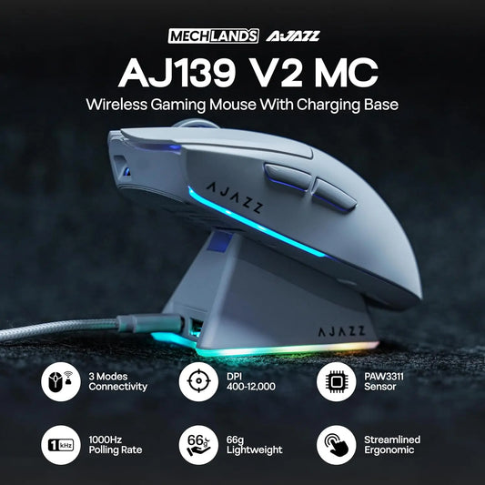 Bezdrátová herní myš AJAZZ AJ139 V2 MC/AJ139 PRO se senzorem PAW3311/PAW3395, 12000DPI/26000DPI, 500mAh, Bluetooth myš pro PC