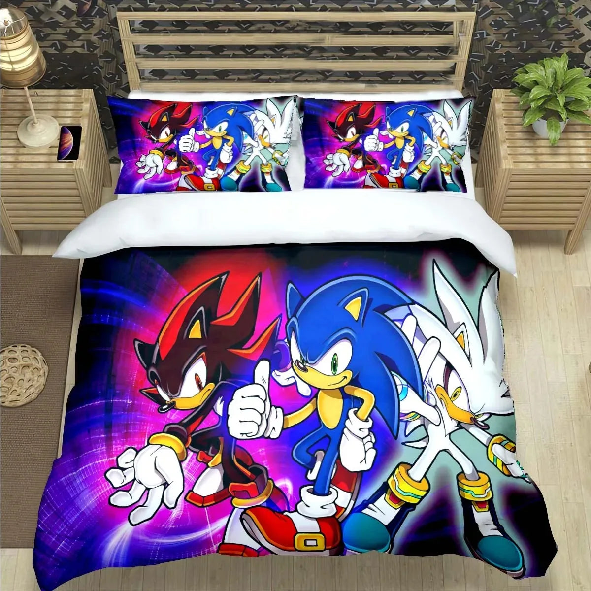 Mados animacinių filmų personažų motyvais dekoruotas patalynės komplektas „Sonic“ antklodės užvalkalas, antklodė, lovos užklotas, skirtas paaugliams, vaikams, mergaitėms ir berniukams – prabangus gimtadienio dovana