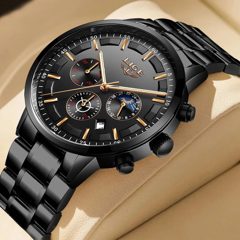 LIGE Men’s Watch – Luxury quartz chronograph, water-resistant (3 bar), with luminescent hands – Gift idea (box included)