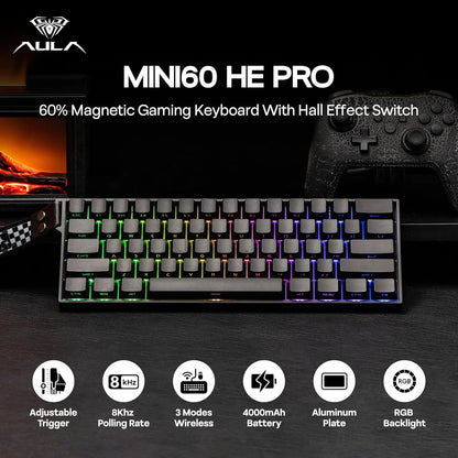 AULA Mini60 HE/Pro/Max Teclado Mecânico 60% com Switches Magnéticos RGB Tri Mode Sem Fios 8000Hz 0.01mmRT para PC Gamer Presentes