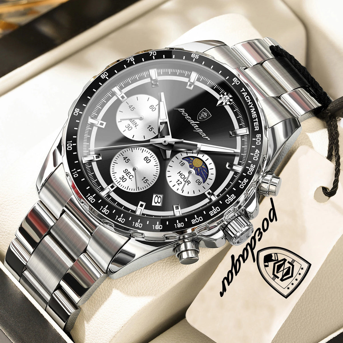 Montre homme POEDAGAR de luxe, élégante et étanche, chronographe à quartz avec date, style classique et lumineux.