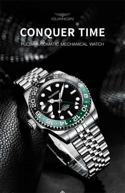 GUANQIN GMT Reloj para hombre 2025 nuevo reloj automático para hombre NH34 reloj mecánico de pulsera con cristal de zafiro y acero inoxidable para mano izquierda