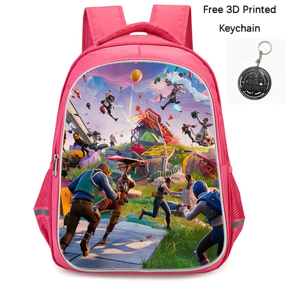 FORTNITE 16-inch Durable Lightweight Backpack, Dual Zipper Pockets, Cartoon Style for Boys & Girls 6-10,Free 3D Printed Keychain
