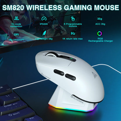 SOLAKAKA SM820 tri-mode draadloze muis met magnetisch oplaadstation, RGB, PAW3311, 24000DPI, draadloze macro-gamingmuis, ultralicht