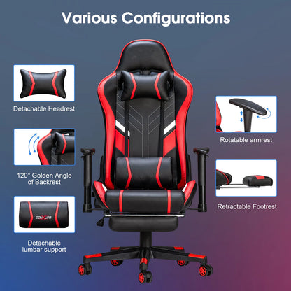 Massage Gaming Chair Ergonomic Office Chair with Footrest, 7-Point Massage Gaming Chair with Lumbar Support, Reclining Gamer Seat GC-RC03